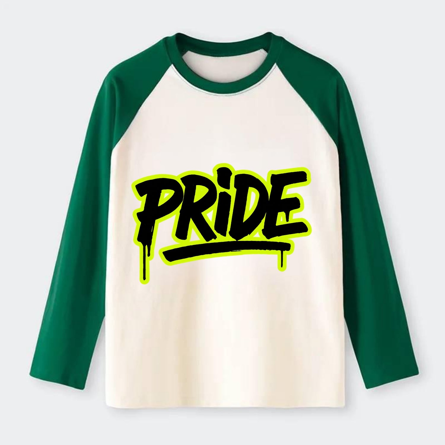 Bold typography design - "PRIDE" - dignified satisfaction, honor - Raglan Long Sleeve T-Shirt - Green