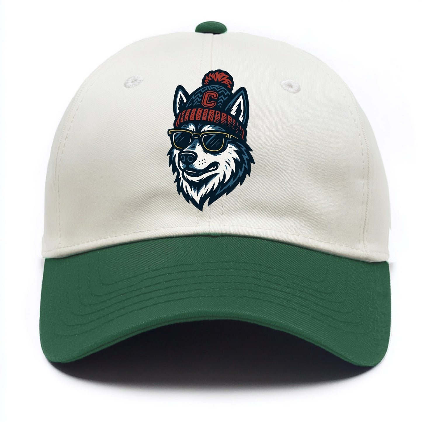 Storrs Husky wearing UConn beanie with C patch - Two Tone Cap - Green