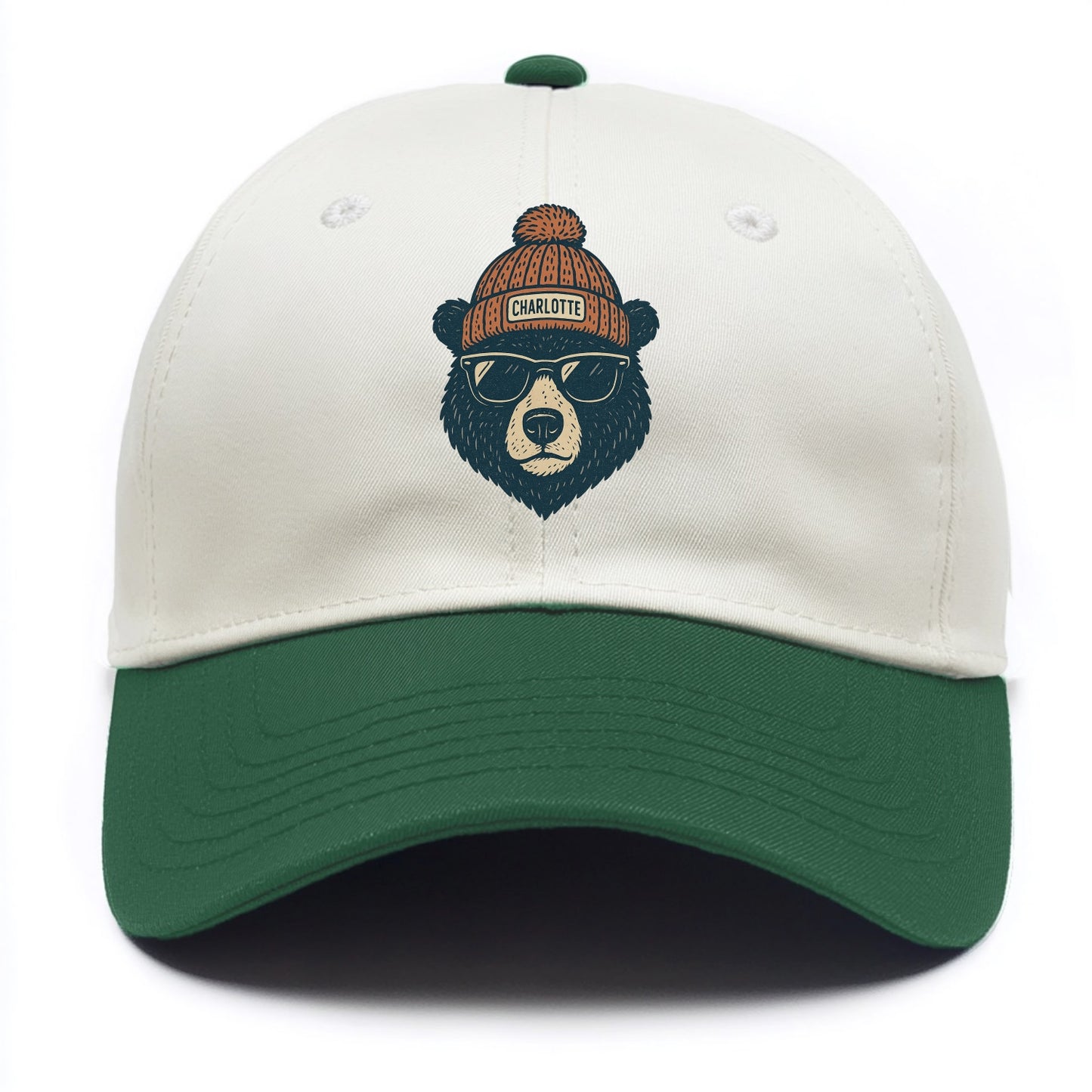 North Carolina Black Bear wearing Charlotte beanie with pom pom and wayfarer - Two Tone Cap - Green