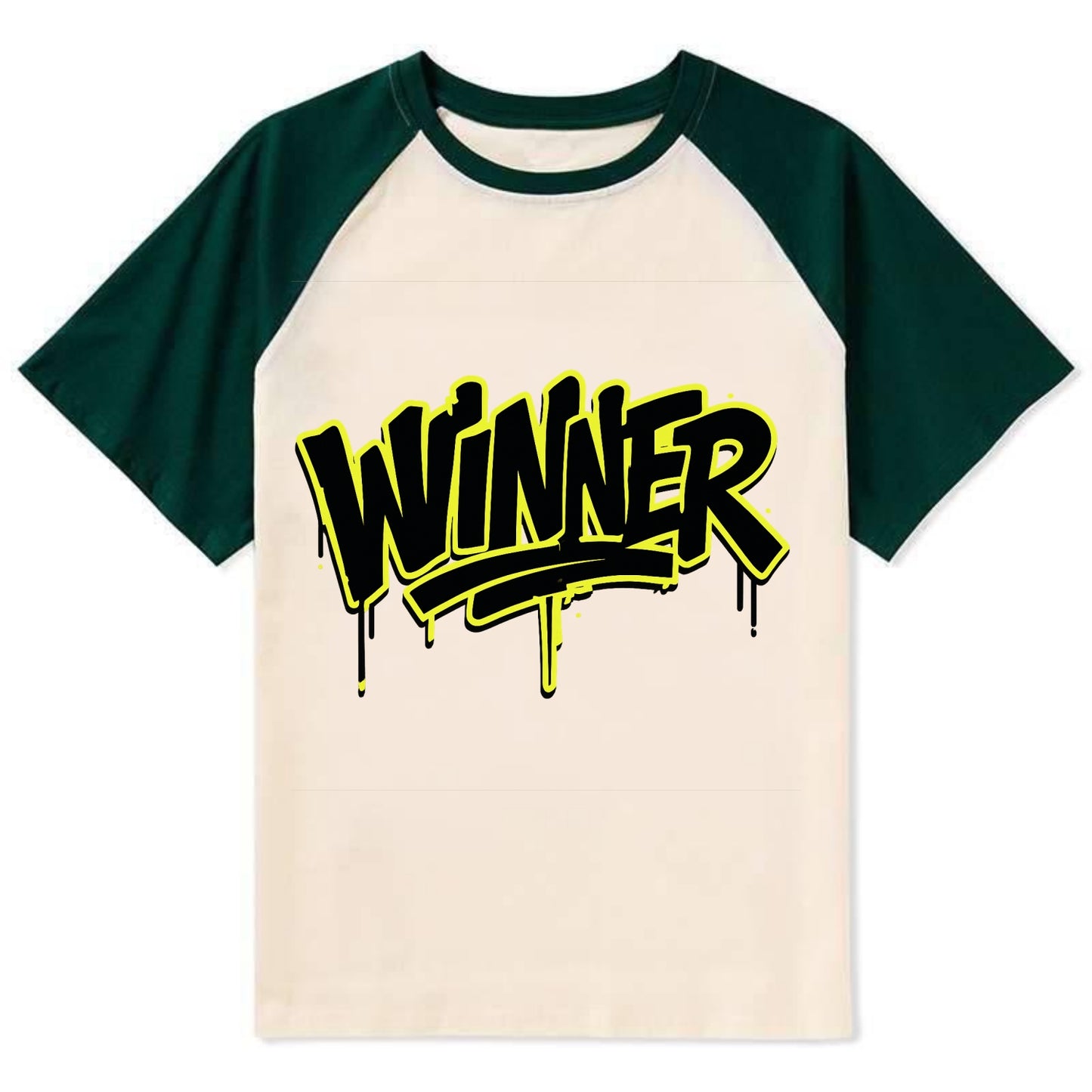 Bold typography design - "WINNER" - victorious mindset, champion - Contrast Raglan T-shirt - Green