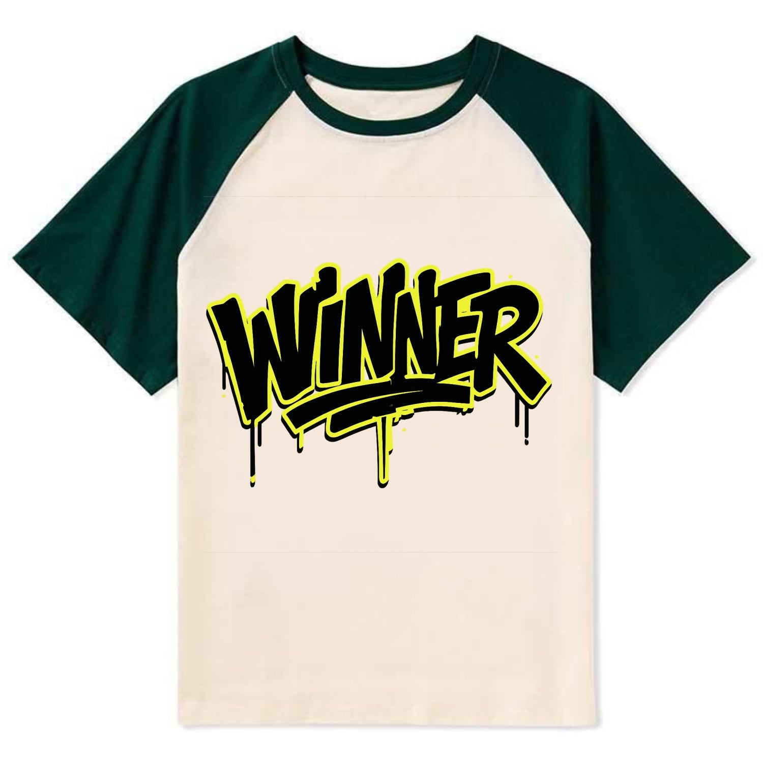 Bold typography design - "WINNER" - victorious mindset, champion - Contrast Raglan T-shirt - Green