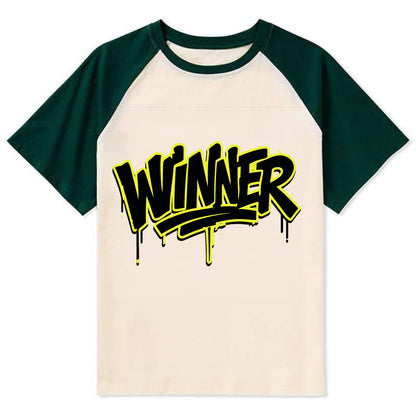Bold typography design - "WINNER" - victorious mindset, champion - Contrast Raglan T-shirt - Green