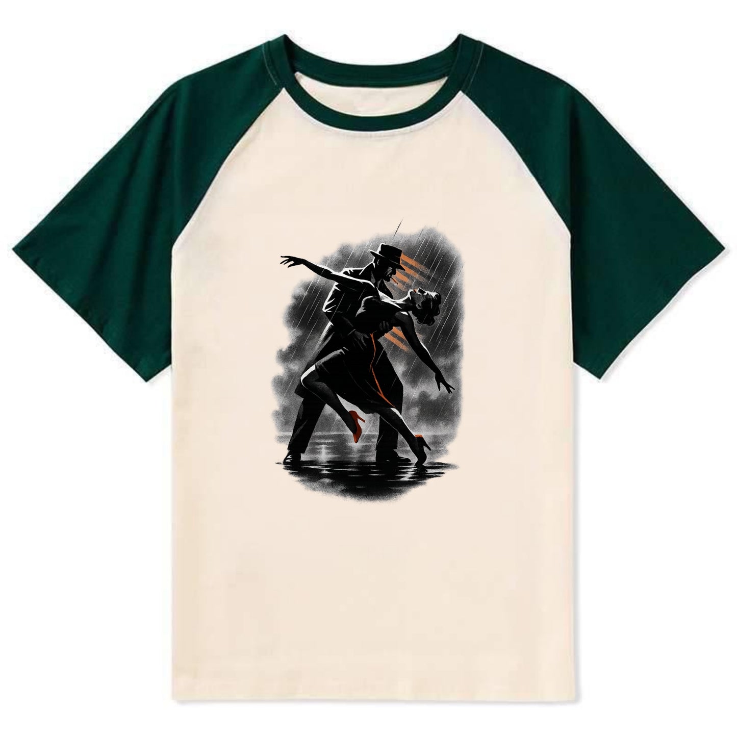 romantic dance pose with woman lifted in the air at lakeside - Contrast Raglan T-shirt - Green