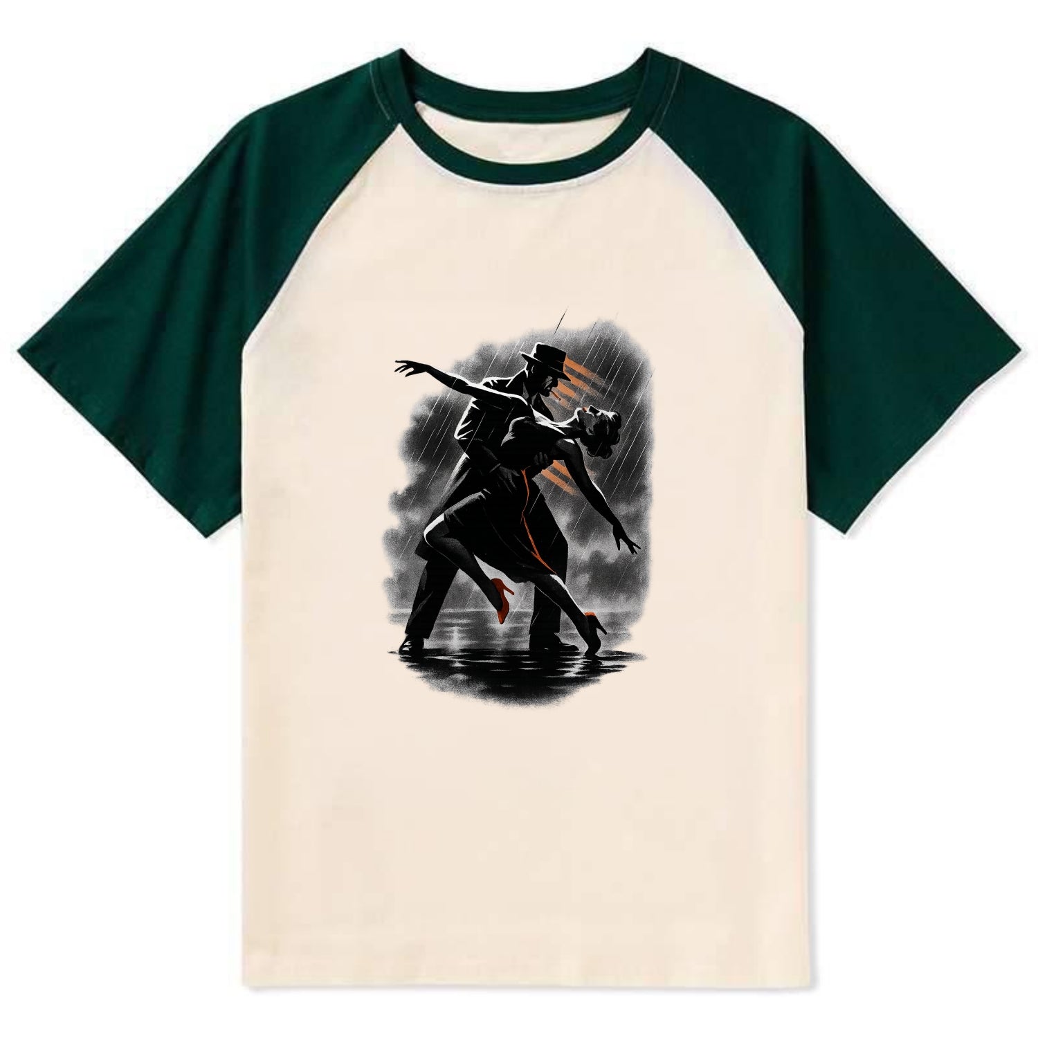 romantic dance pose with woman lifted in the air at lakeside - Contrast Raglan T-shirt - Green