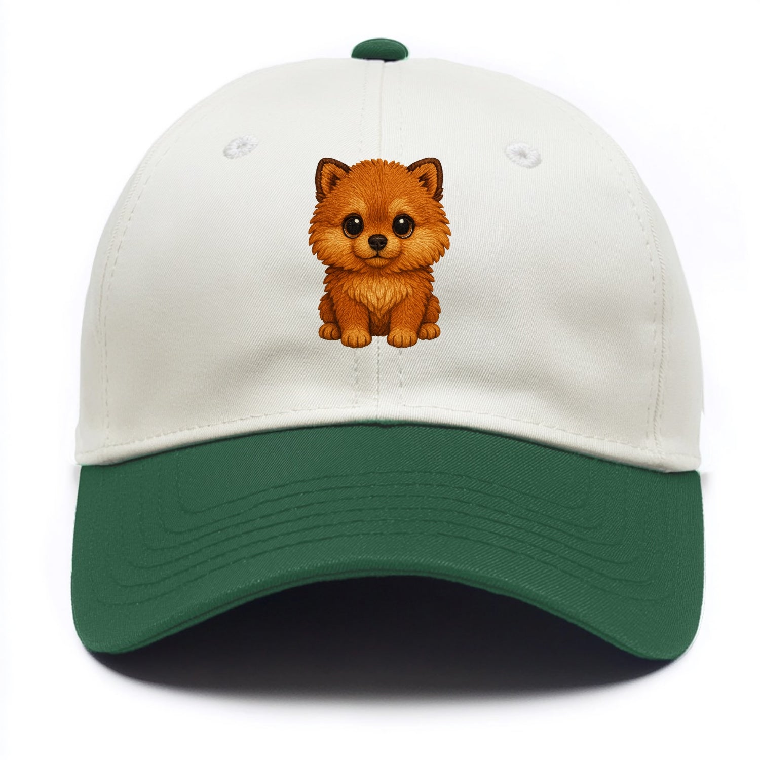 Baby Pomeranian Puppy - fluffy orange ball, fox face, tiny body, bright eyes, - Two Tone Cap - Green