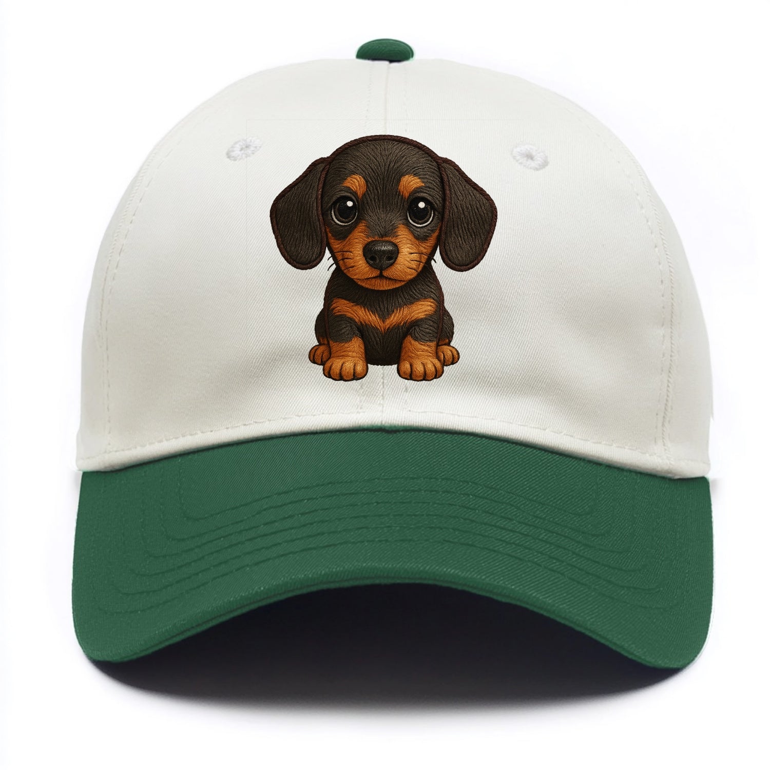 Baby Dachshund Puppy - long body, short legs, floppy ears, curious eyes, - Two Tone Cap - Green