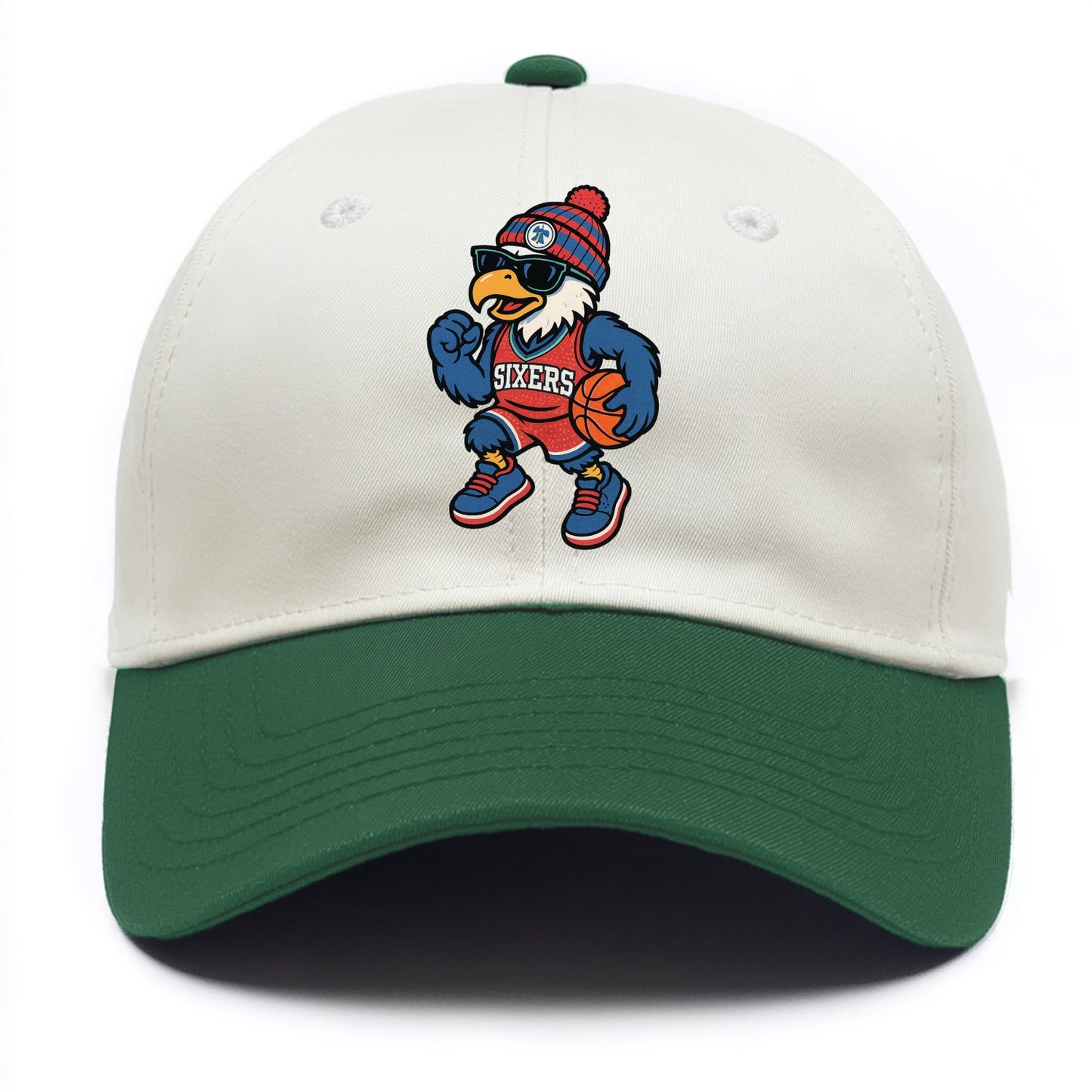 Philadelphia Eagle wearing 76ers red white and blue beanie with bell patch and - Two Tone Cap - Green