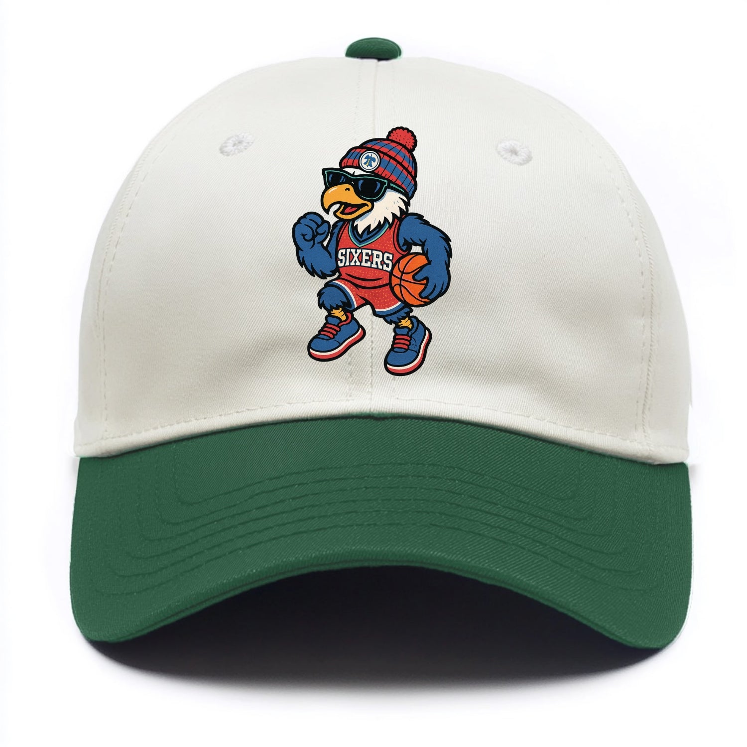 Philadelphia Eagle wearing 76ers red white and blue beanie with bell patch and - Two Tone Cap - Green