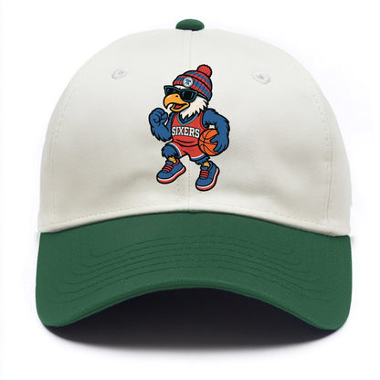 Philadelphia Eagle wearing 76ers red white and blue beanie with bell patch and - Two Tone Cap - Green