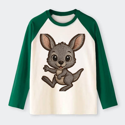 Baby Kangaroo Joey - gray fur, large ears, in pouch peek, bright eyes, - Raglan Long Sleeve T-Shirt - Green