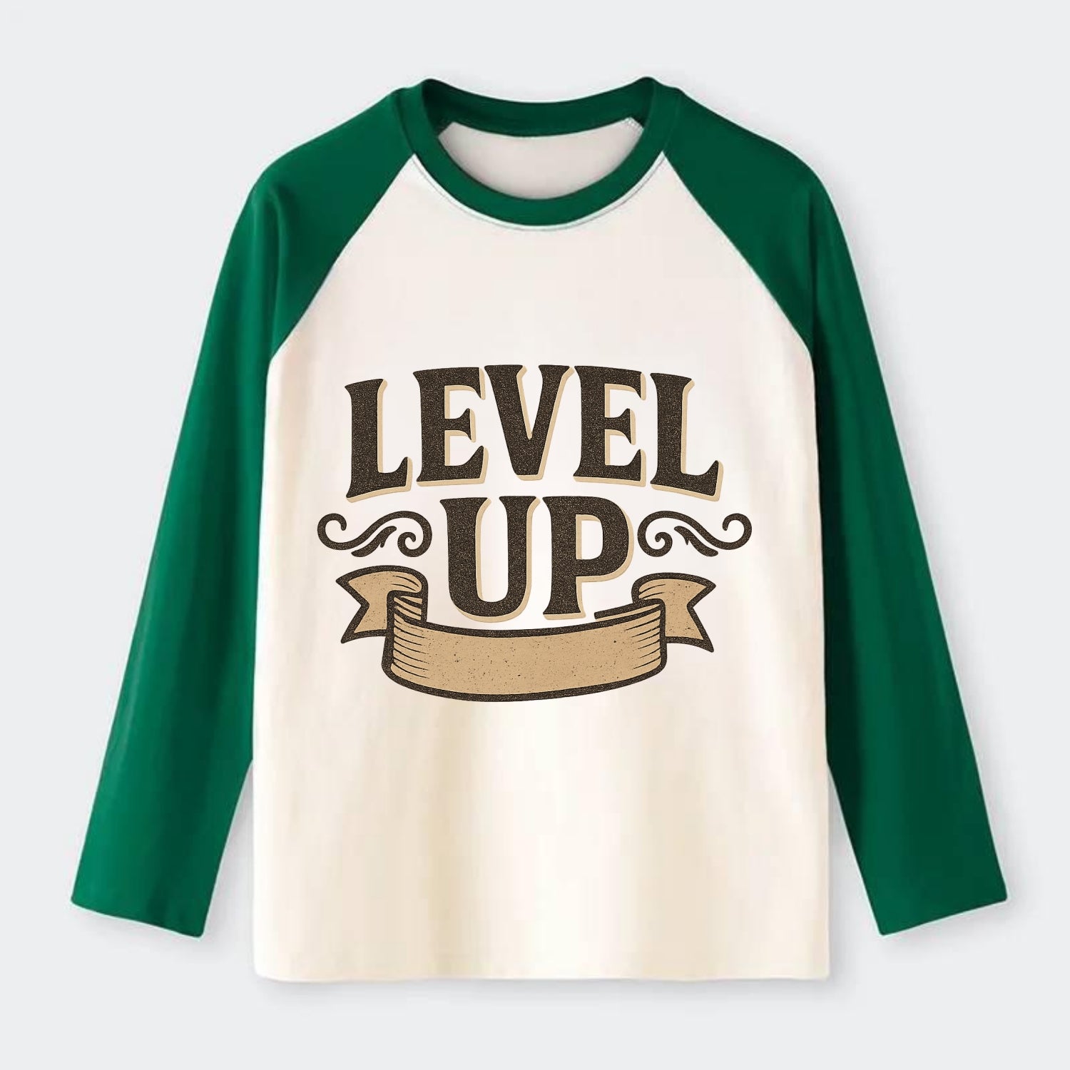 Bold typography design - "LEVEL UP" - improving, advancing, growing - Raglan Long Sleeve T-Shirt - Green