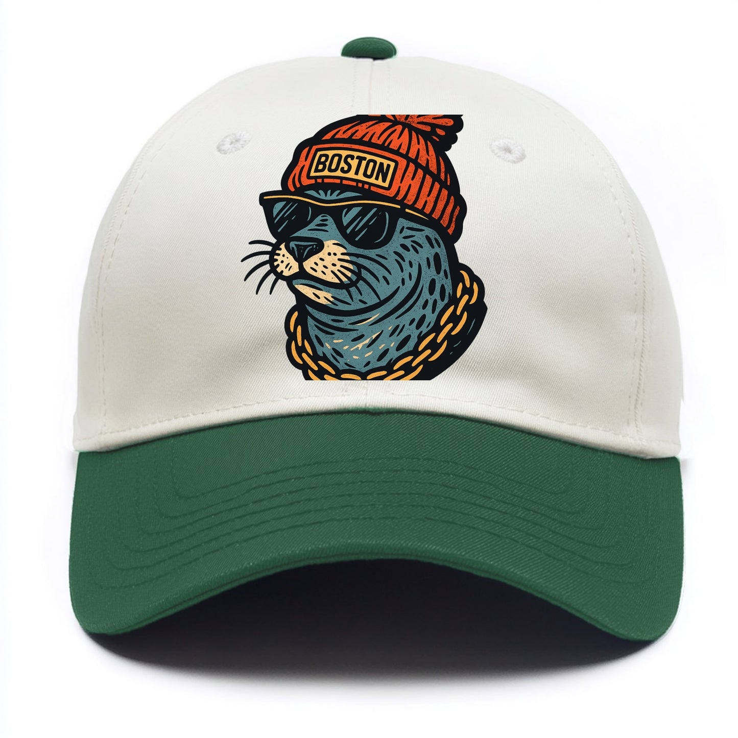 Boston Harbor Seal wearing Boston beanie with pom pom and wayfarer sunglasses - Two Tone Cap - Green