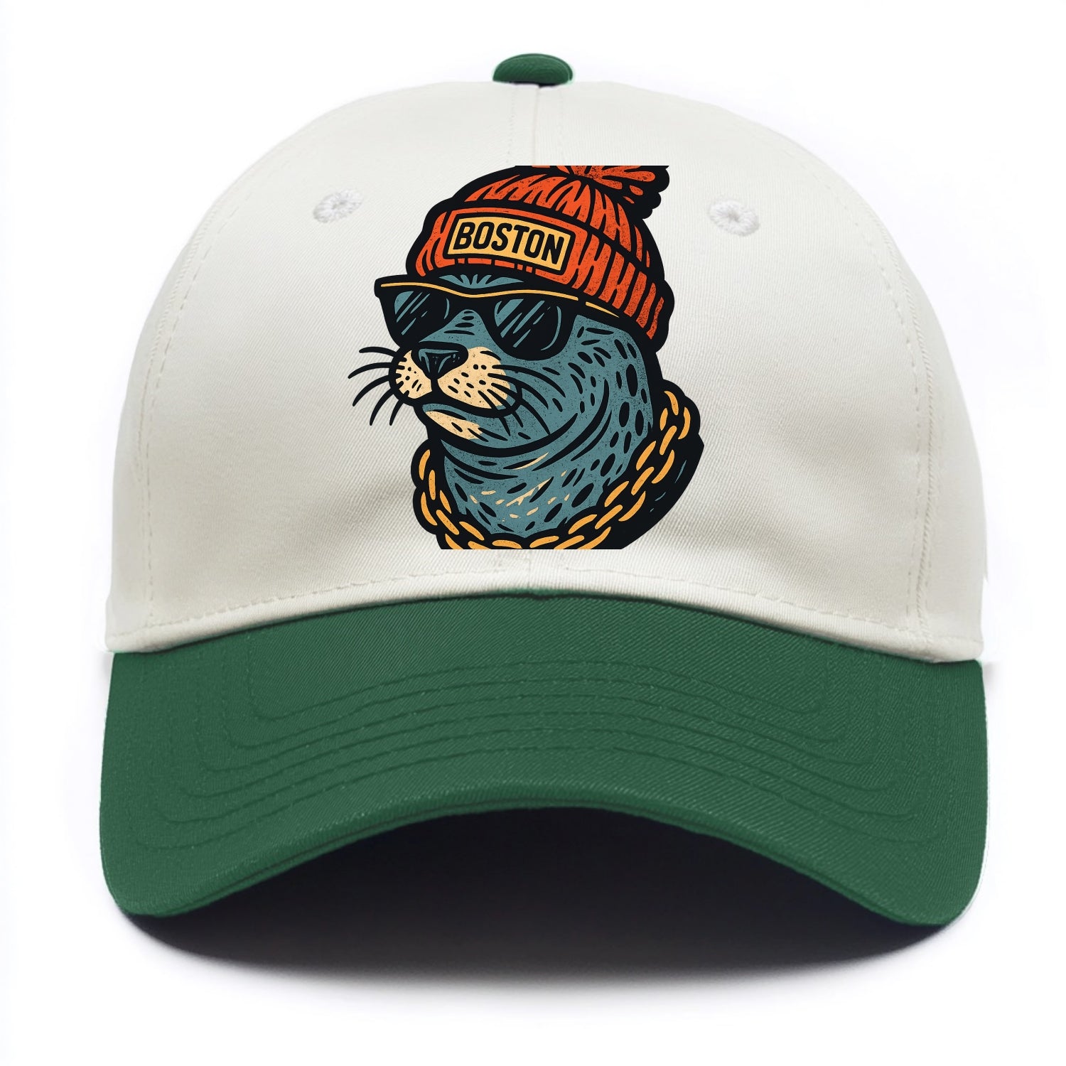 Boston Harbor Seal wearing Boston beanie with pom pom and wayfarer sunglasses - Two Tone Cap - Green