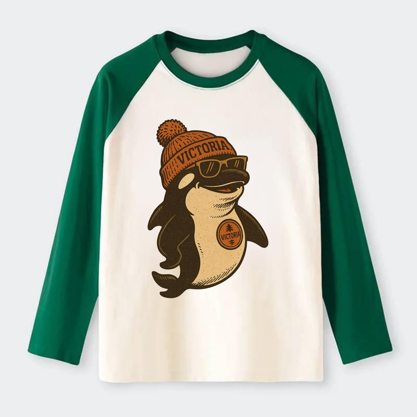 Victoria Orca wearing Victoria beanie with pom pom and wayfarer - Raglan Long Sleeve T-Shirt - Green