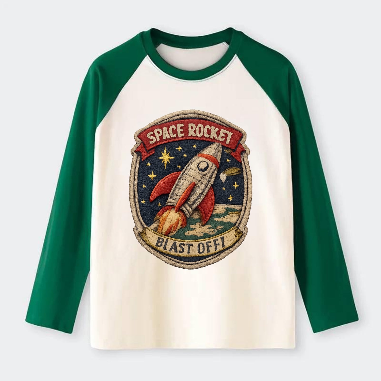 RETRO ROCKET - 1950s space rocket in silver and red , atomic age - Raglan Long Sleeve T-Shirt - Green