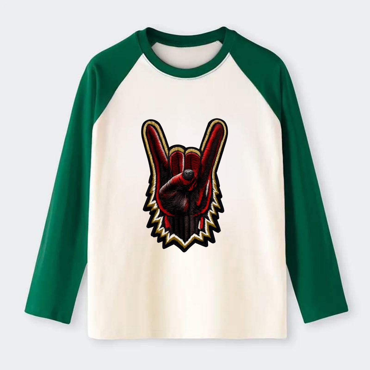 ROCK HAND HORNS - devil horns hand gesture in black and red , metal - Raglan Long Sleeve T-Shirt - Green