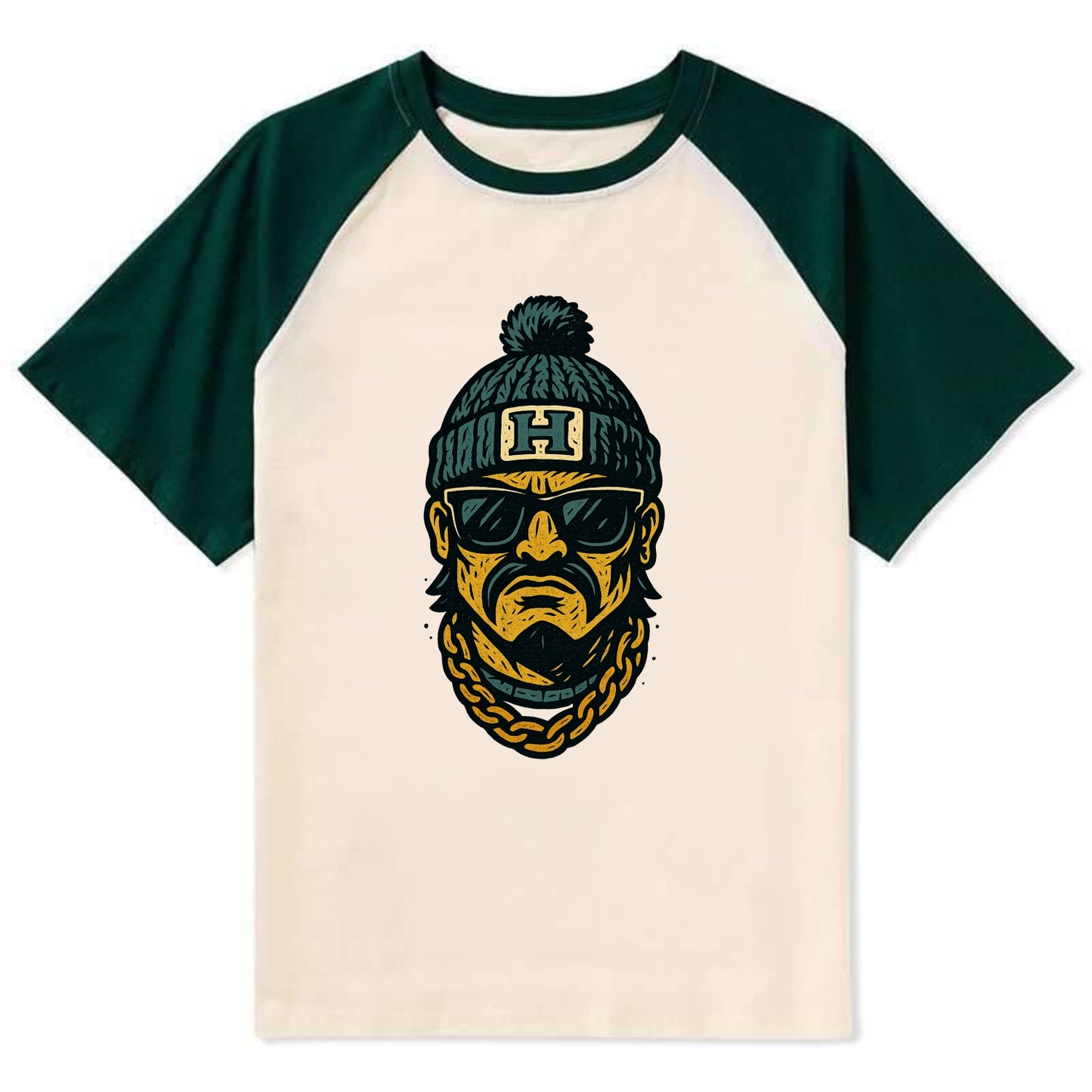 Honolulu Warrior wearing Hawaii beanie with H patch - Contrast Raglan T-shirt - Green