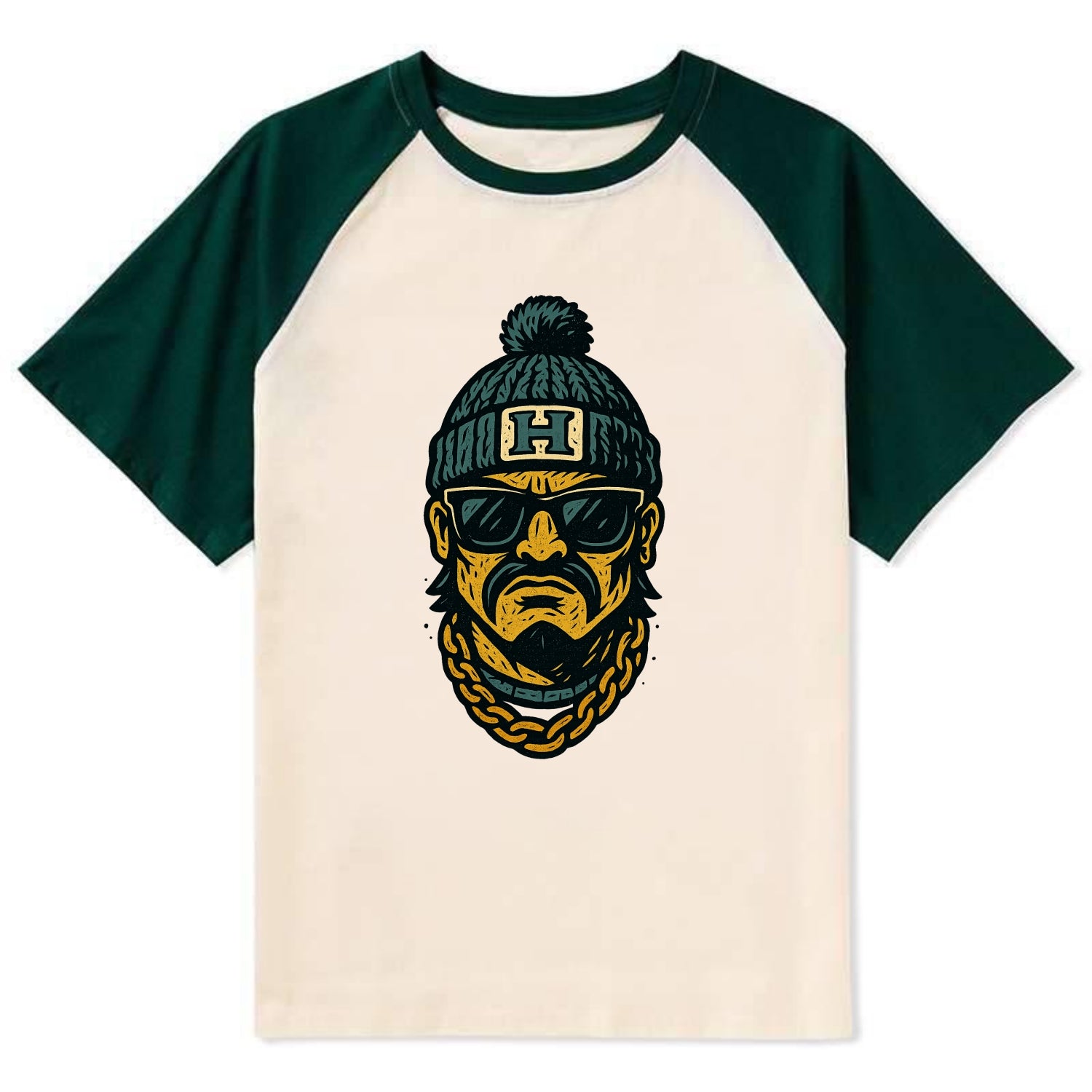 Honolulu Warrior wearing Hawaii beanie with H patch - Contrast Raglan T-shirt - Green