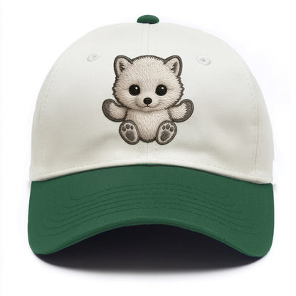 Baby Arctic Fox - white fluffy, tiny black nose, bright curious eyes, front-facing, - Two Tone Cap - Green