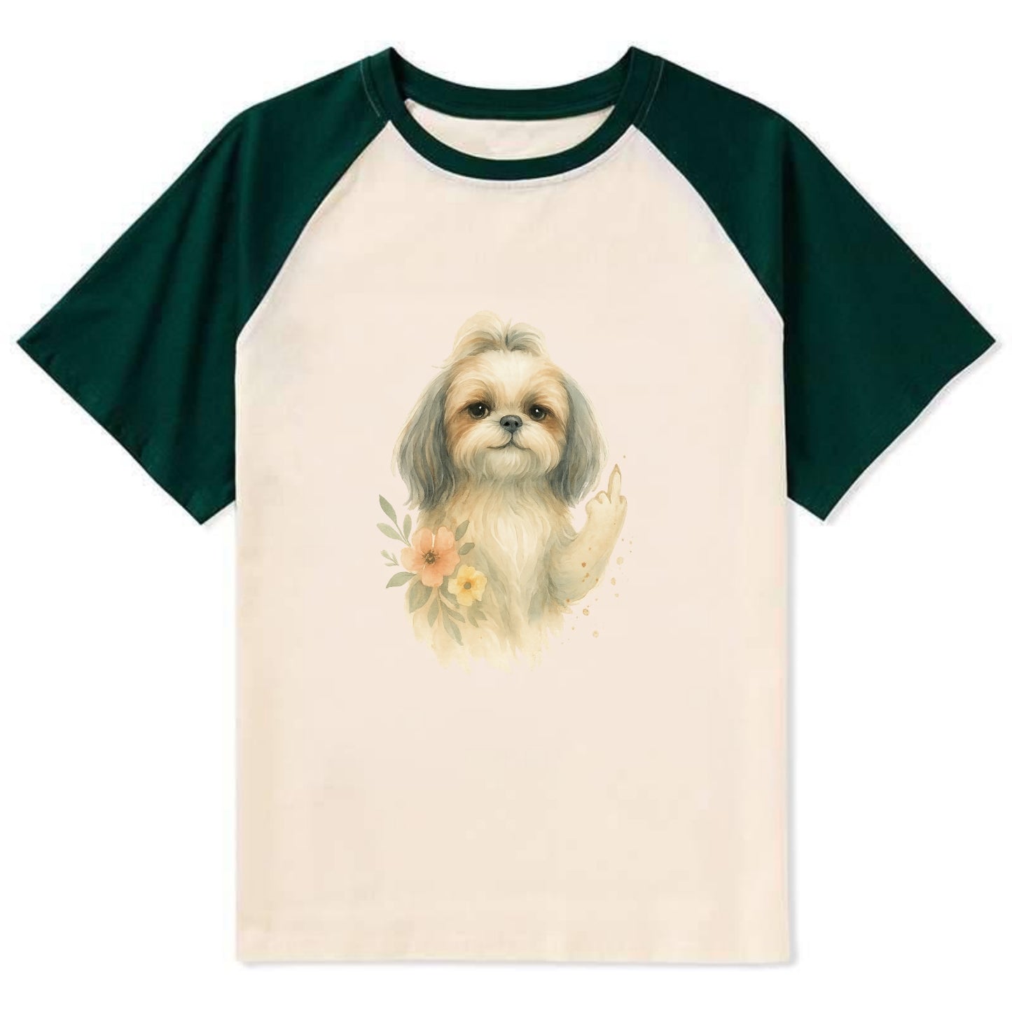 Shih Tzu with long flowing silky hair, tiny paw showing attitude - Contrast Raglan T-shirt - Green