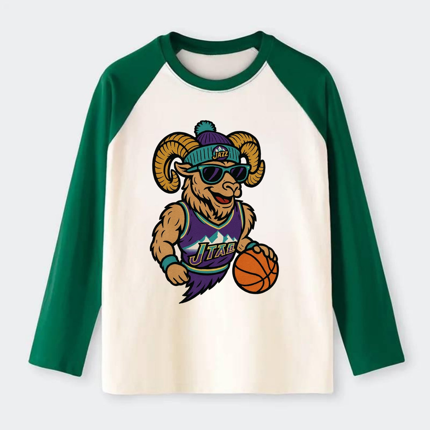 Utah Bighorn wearing Jazz beanie with mountain melody patch and - Raglan Long Sleeve T-Shirt - Green