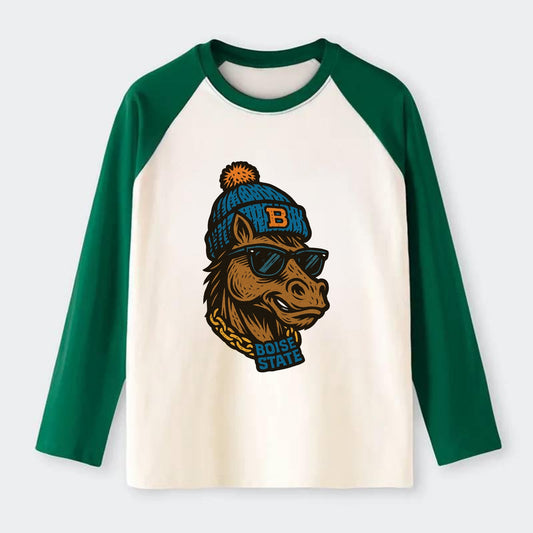 Boise Bronco wearing Boise State beanie with B patch - Raglan Long Sleeve T-Shirt - Green