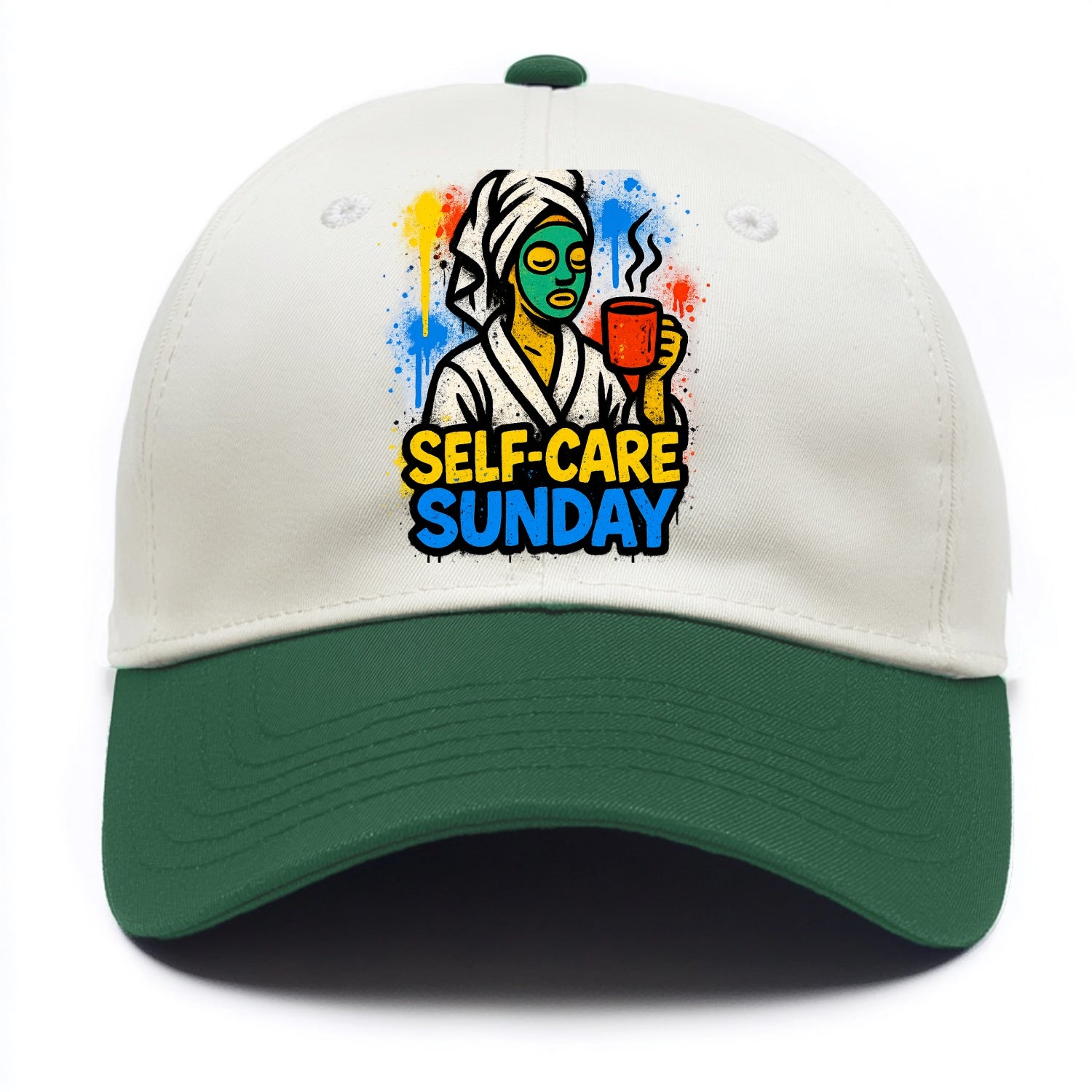 Person in bathrobe with face mask and tea - self-care Sunday ritual, wellness - Two Tone Cap - Green