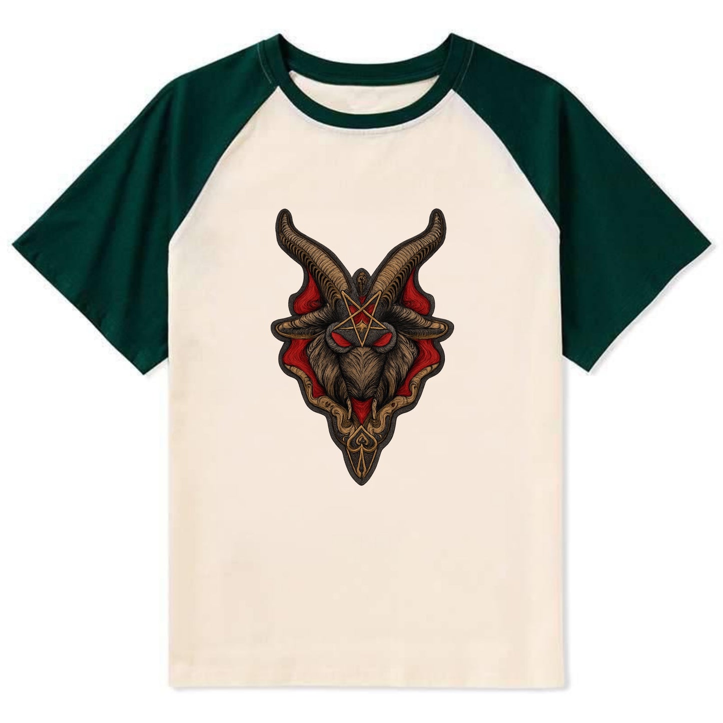 BAPHOMET HEAD - goat head symbol in black and red , occult - Contrast Raglan T-shirt - Green