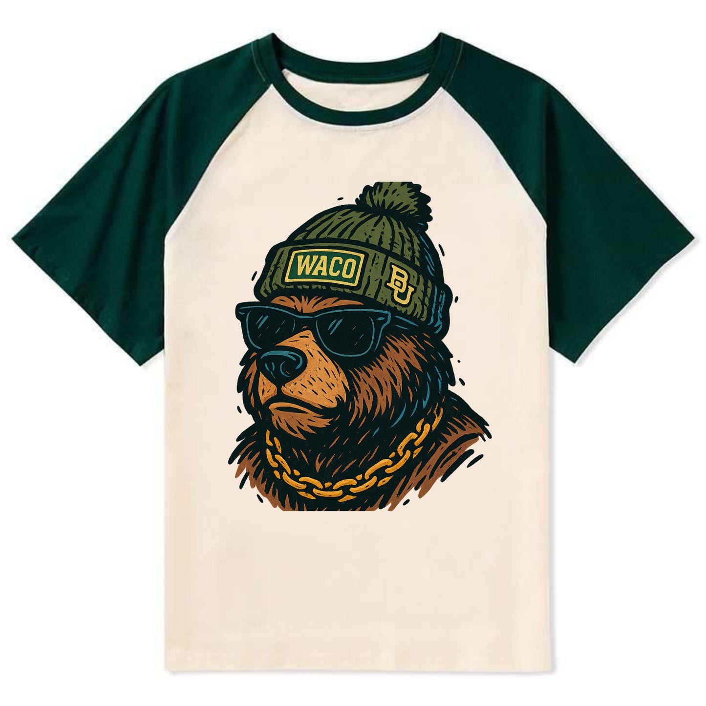 Waco Bear wearing Baylor beanie with BU patch - Contrast Raglan T-shirt - Green