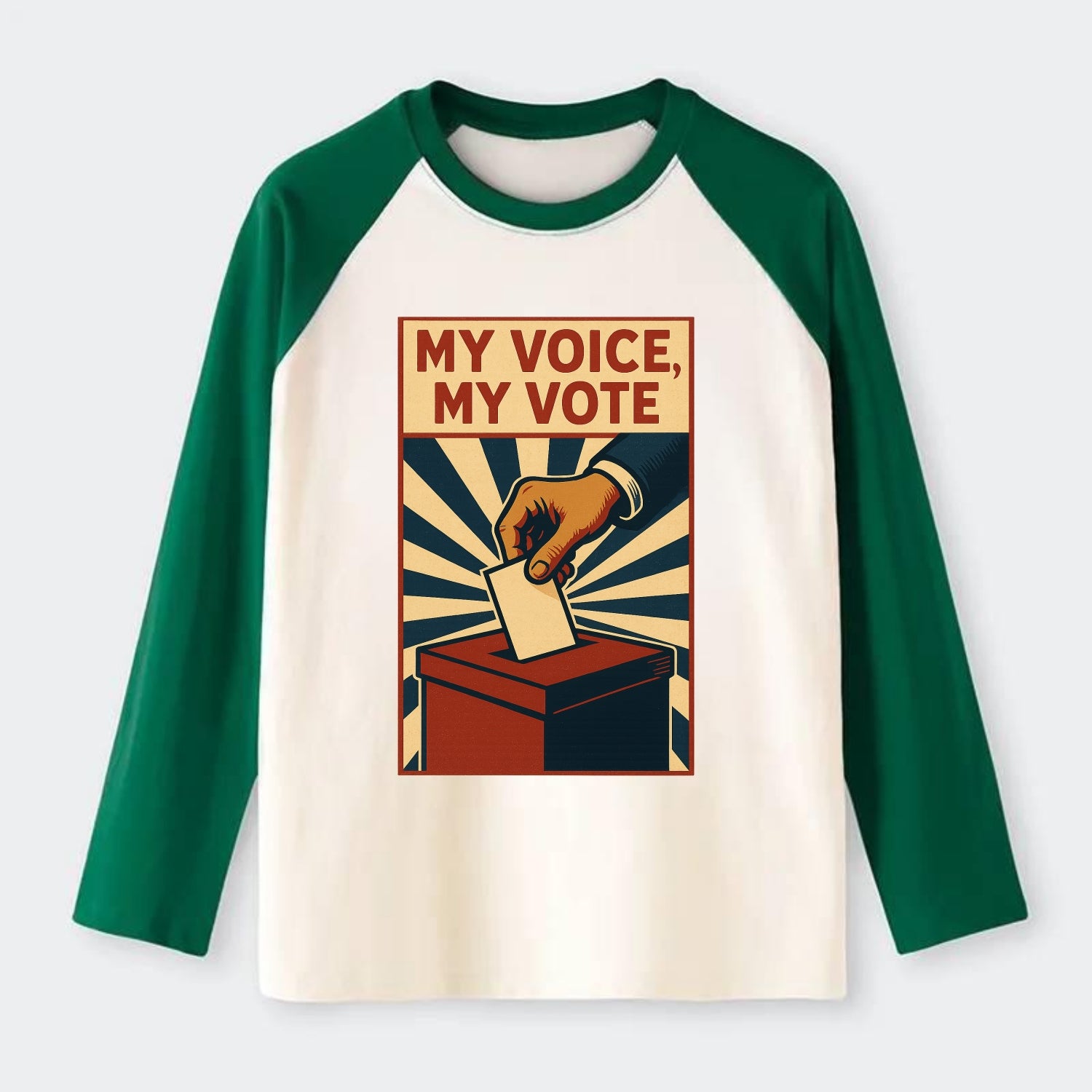 Hand dropping ballot into box with determination - "My Voice, My Vote" - Raglan Long Sleeve T-Shirt - Green