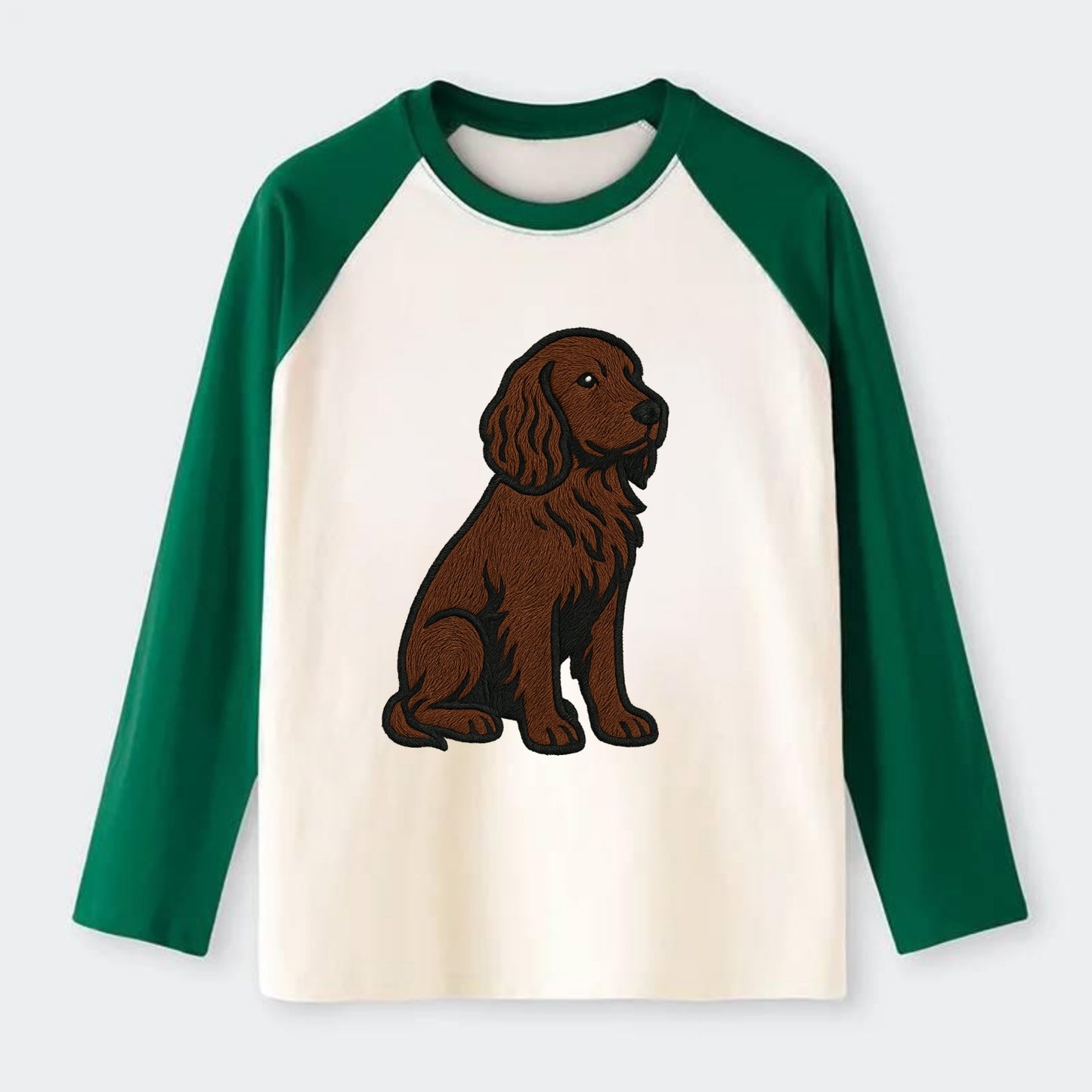 Field Spaniel - Liver colored embroidered sitting design - Raglan Long Sleeve T-Shirt - Green