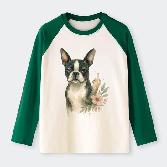 Boston Terrier with tuxedo markings, perky ears, paw up giving sass - Raglan Long Sleeve T-Shirt - Green
