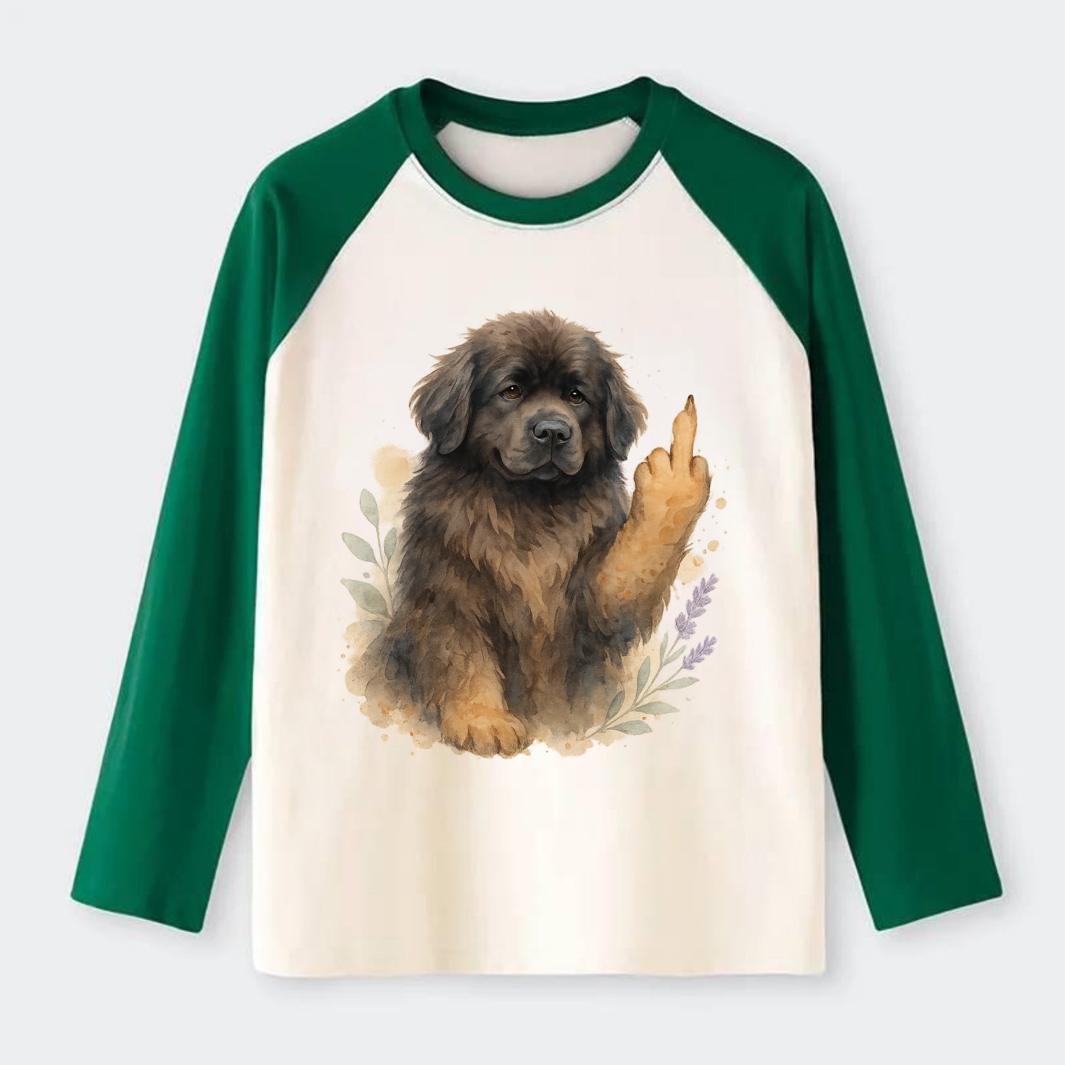 Newfoundland fluffy bear-like with webbed paws, massive gentle paw up - Raglan Long Sleeve T-Shirt - Green