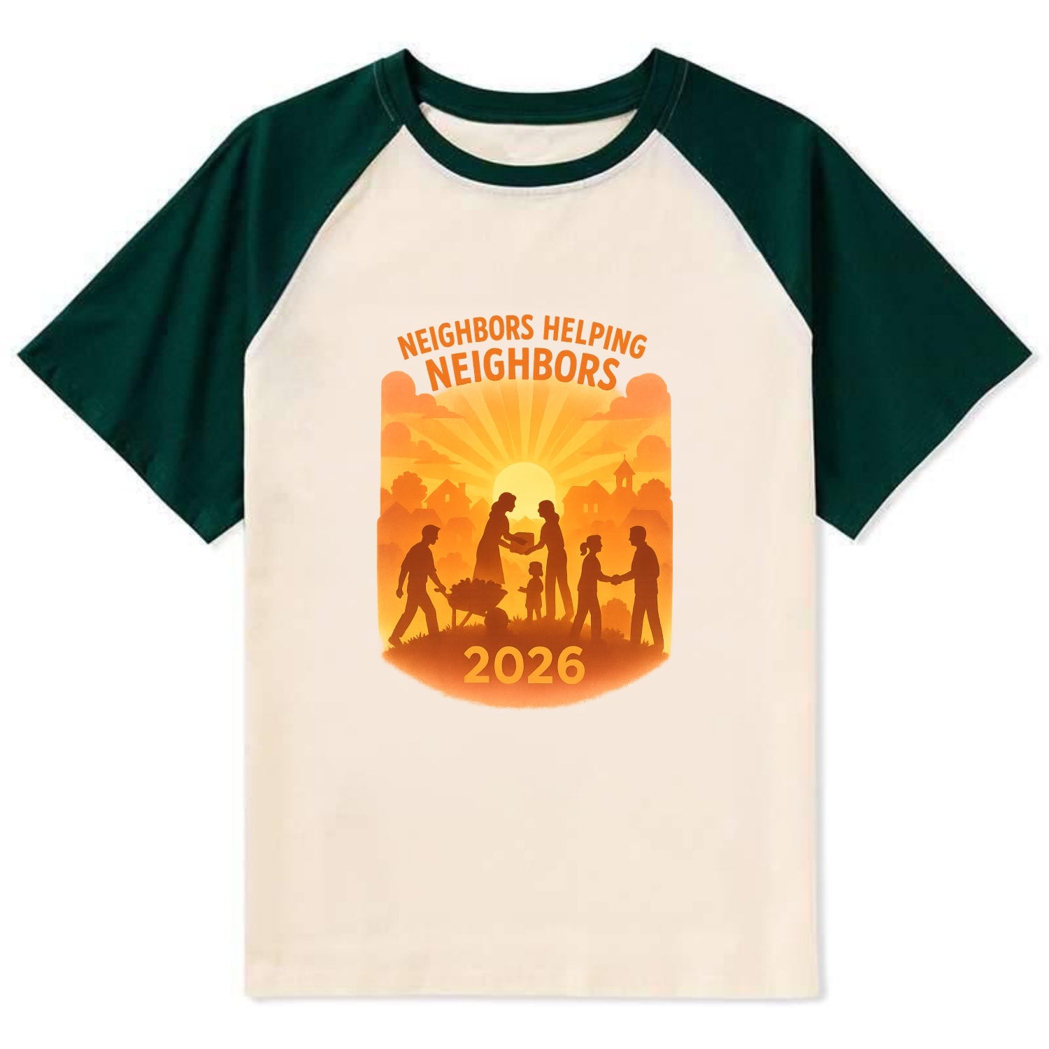 Local communities thriving with shared resources - "Neighbors Helping - Contrast Raglan T-shirt - Green