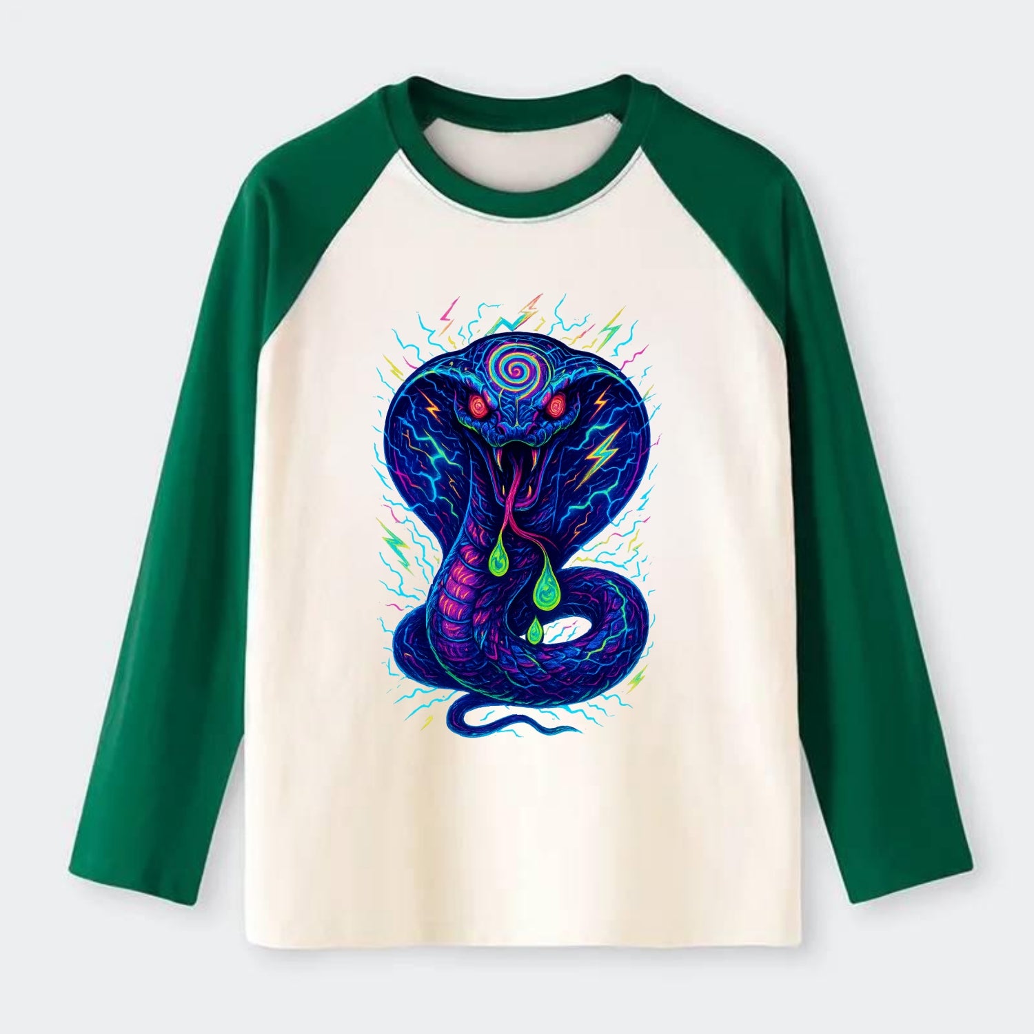 Mesmerizing cobra with hypnotic spiral patterns in the hood, scales - Raglan Long Sleeve T-Shirt - Green
