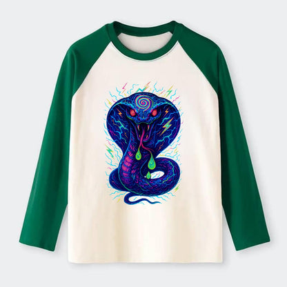 Mesmerizing cobra with hypnotic spiral patterns in the hood, scales - Raglan Long Sleeve T-Shirt - Green