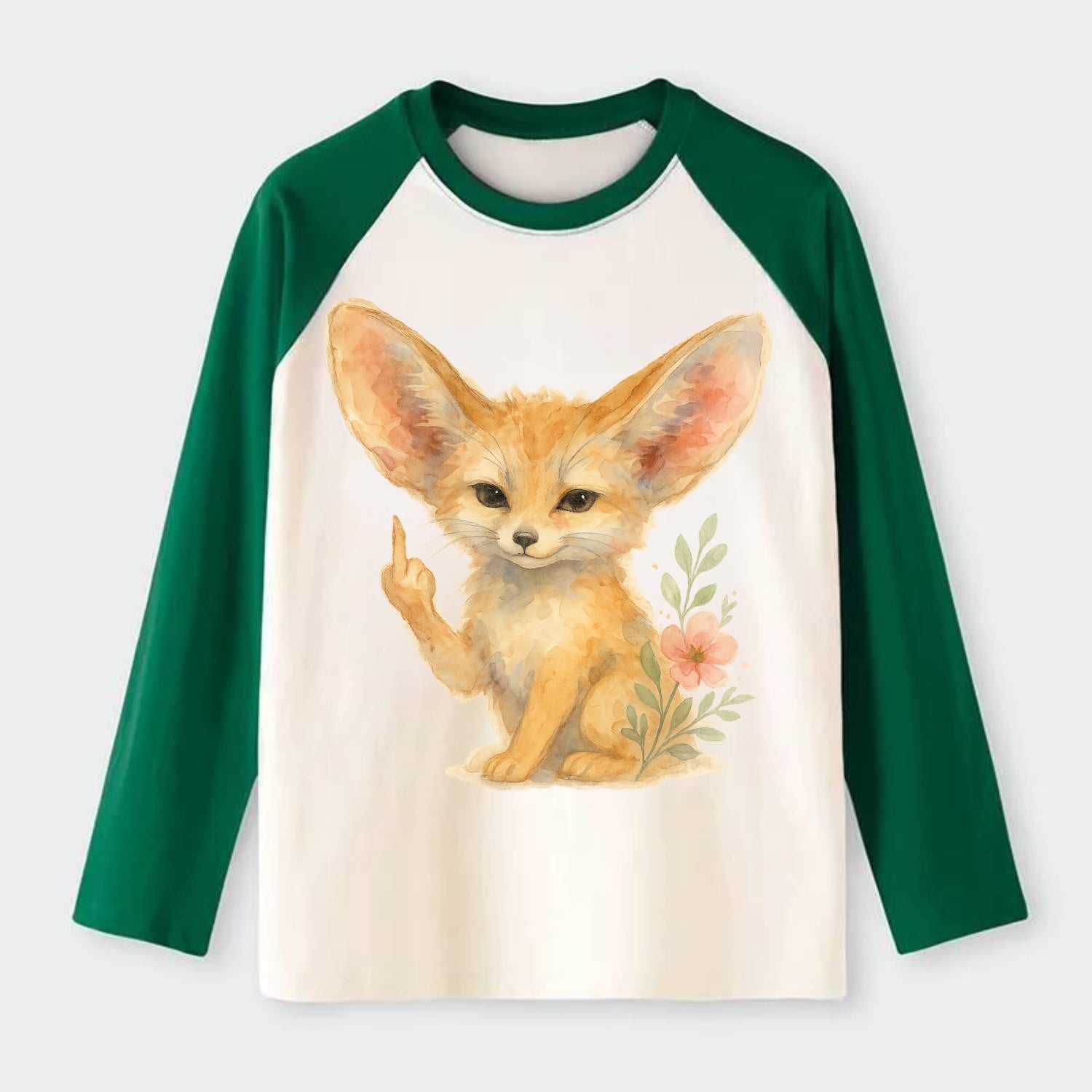 tiny fennec fox with oversized ears, one small paw raised in sass - Raglan Long Sleeve T-Shirt - Green