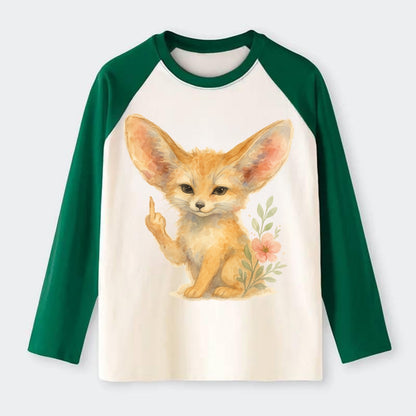 tiny fennec fox with oversized ears, one small paw raised in sass - Raglan Long Sleeve T-Shirt - Green