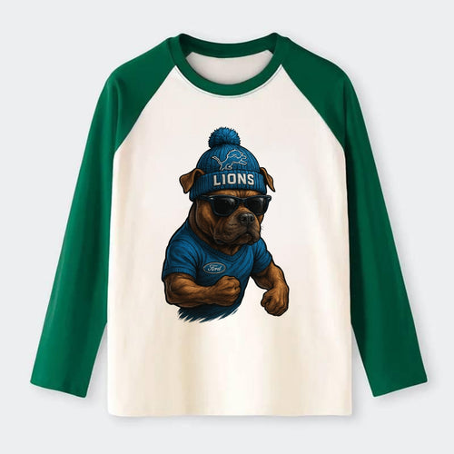 Detroit Pitbull wearing Lions beanie with auto patch and wayfarer - Raglan Long Sleeve T-Shirt