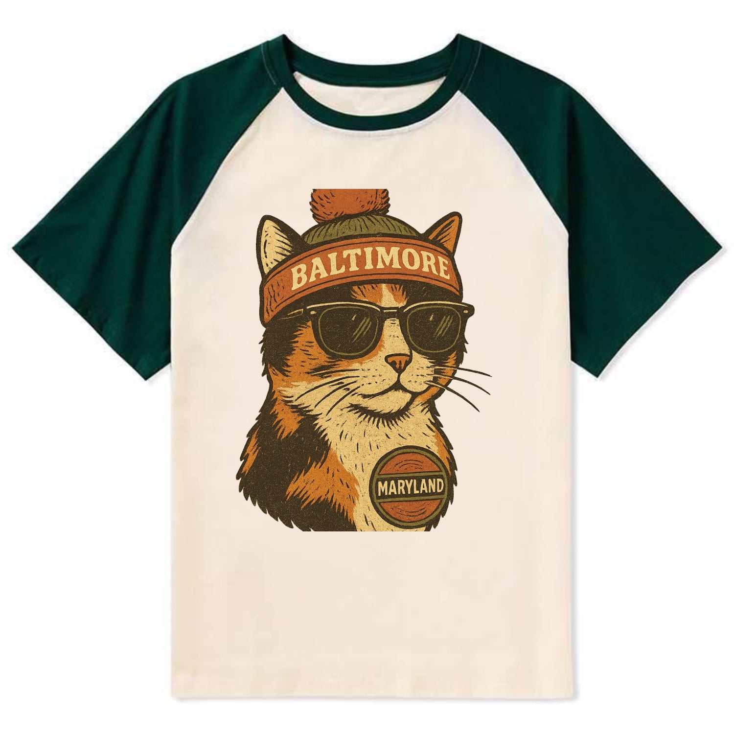 Maryland Calico Cat wearing Baltimore beanie with pom pom and wayfarer - Contrast Raglan T-shirt - Green