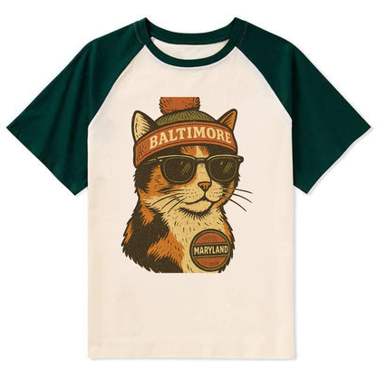 Maryland Calico Cat wearing Baltimore beanie with pom pom and wayfarer - Contrast Raglan T-shirt - Green
