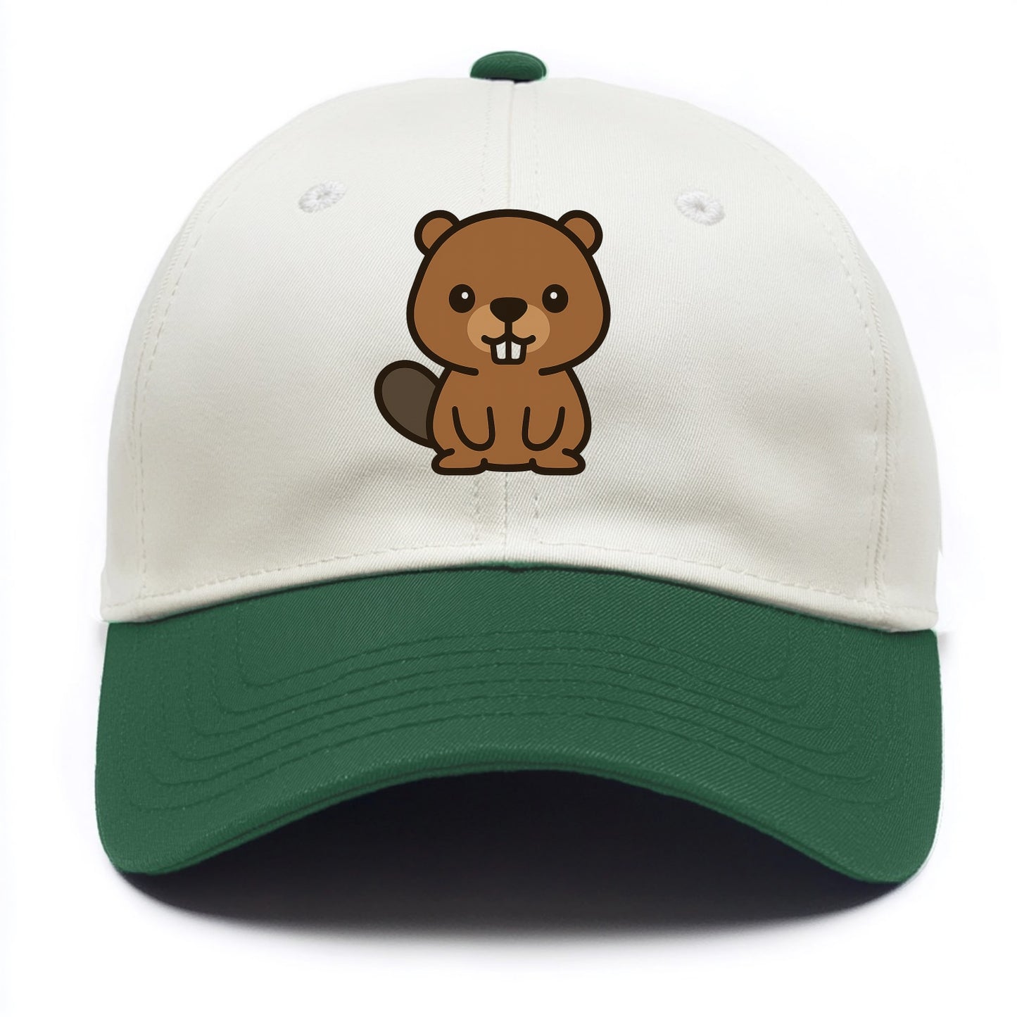 Baby Beaver - brown fur, paddle tail, buck teeth, friendly eyes, front-facing, - Two Tone Cap - Green