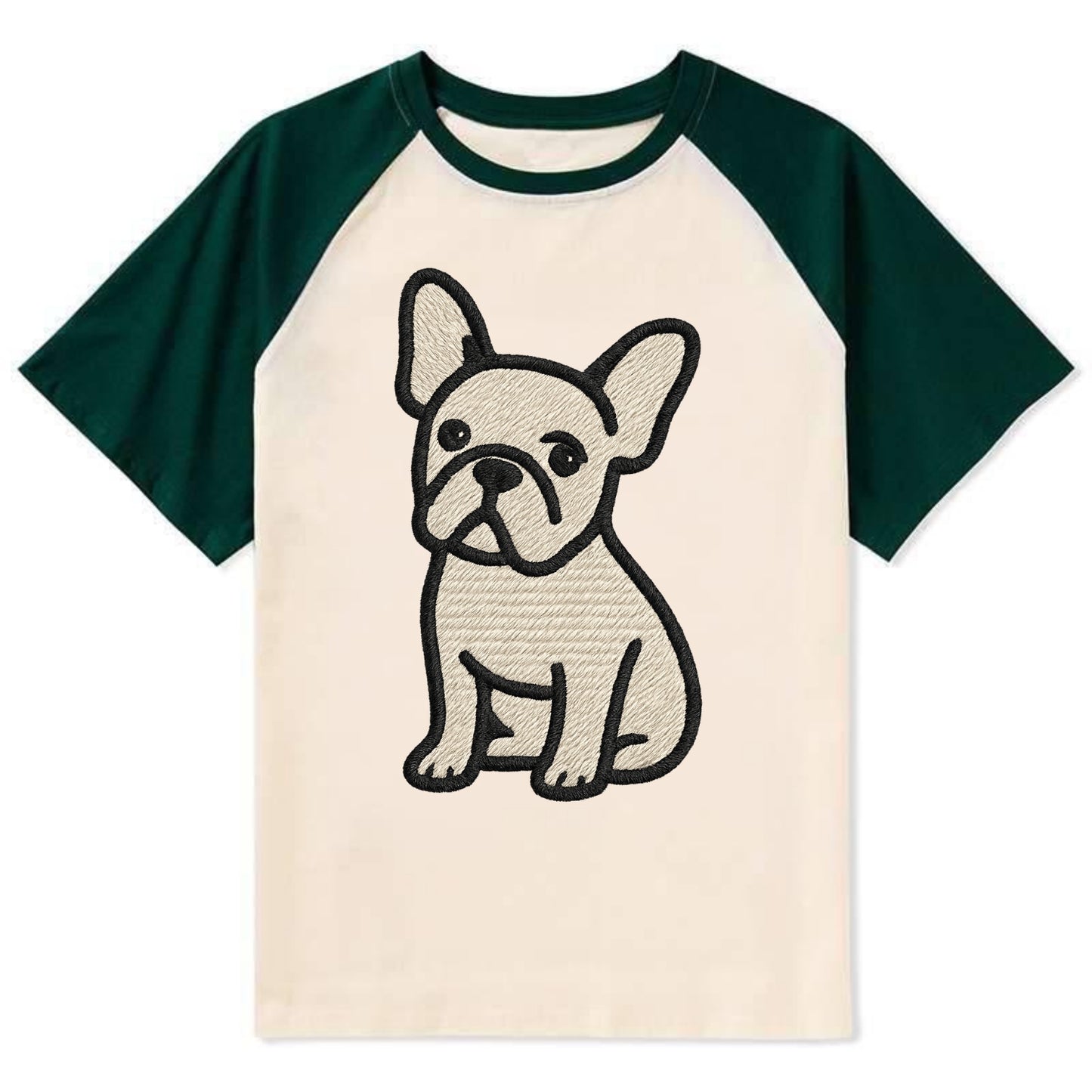 French Bulldog - Head tilt one ear up - Contrast Raglan T-shirt - Green
