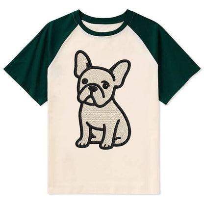French Bulldog - Head tilt one ear up - Contrast Raglan T-shirt - Green