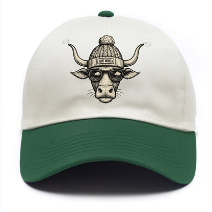 Fort Worth Longhorn wearing Fort Worth beanie with pom pom and wayfarer sunglasses - Two Tone Cap - Green