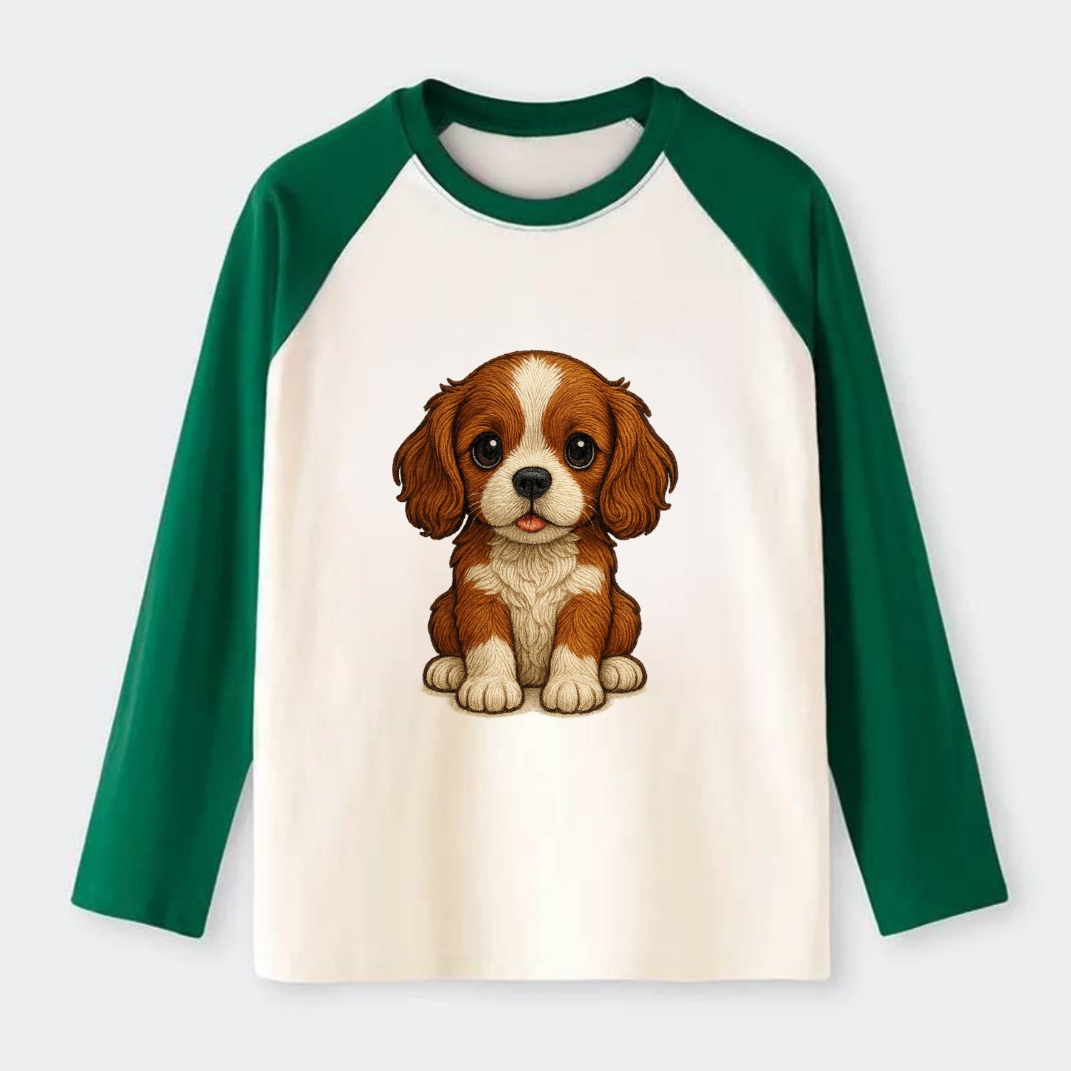 Baby Cavalier King Charles Spaniel Puppy - silky ears, gentle eyes, - Raglan Long Sleeve T-Shirt - Green