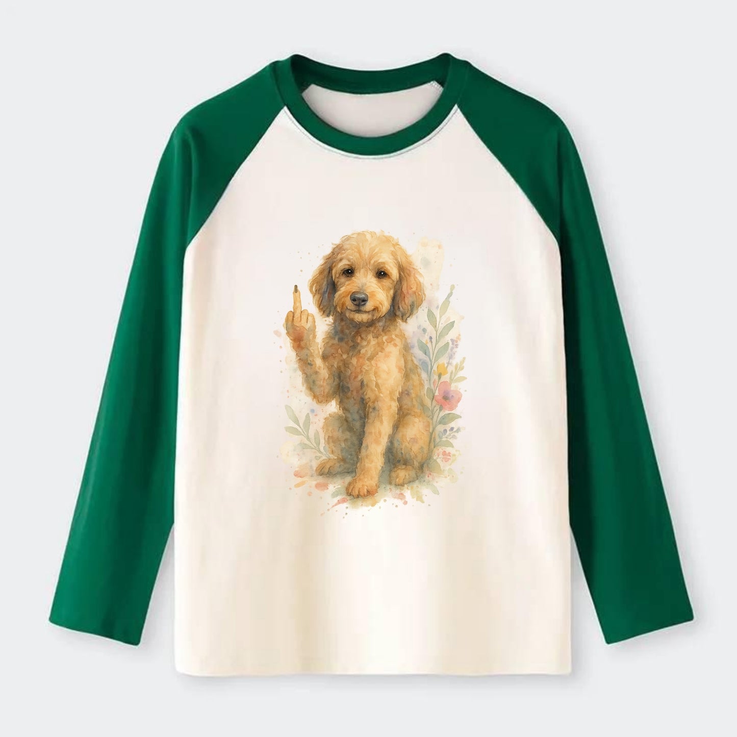 Labradoodle hypoallergenic with wavy coat, intelligent eyes, paw raised - Raglan Long Sleeve T-Shirt - Green
