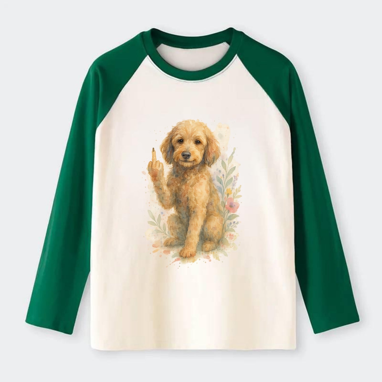 Labradoodle hypoallergenic with wavy coat, intelligent eyes, paw raised - Raglan Long Sleeve T-Shirt - Green