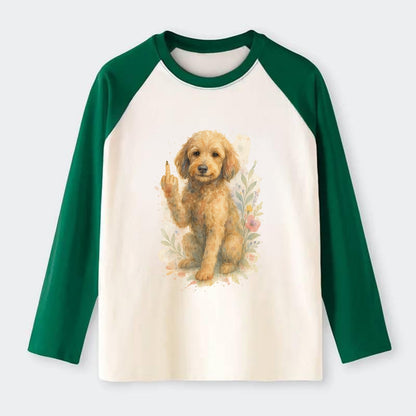 Labradoodle hypoallergenic with wavy coat, intelligent eyes, paw raised - Raglan Long Sleeve T-Shirt - Green
