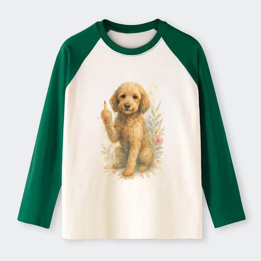 Labradoodle hypoallergenic with wavy coat, intelligent eyes, paw raised - Raglan Long Sleeve T-Shirt - Green
